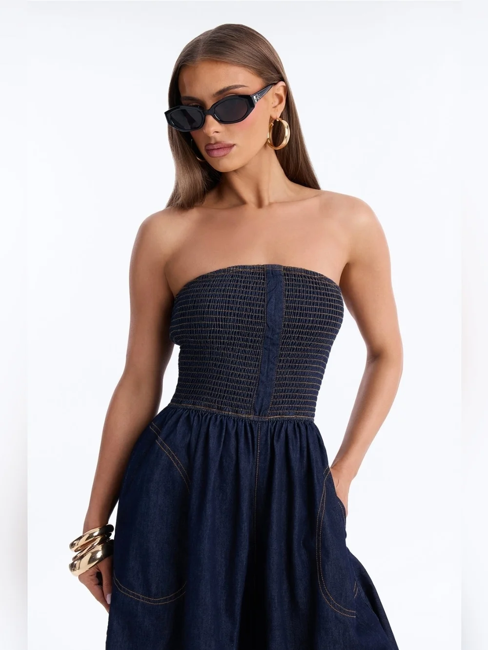 NEW Strapless Tubed Top Denim Jumpsuit ▪︎ Dark Blue ▪︎ Sz XL - Picture 7 of 14